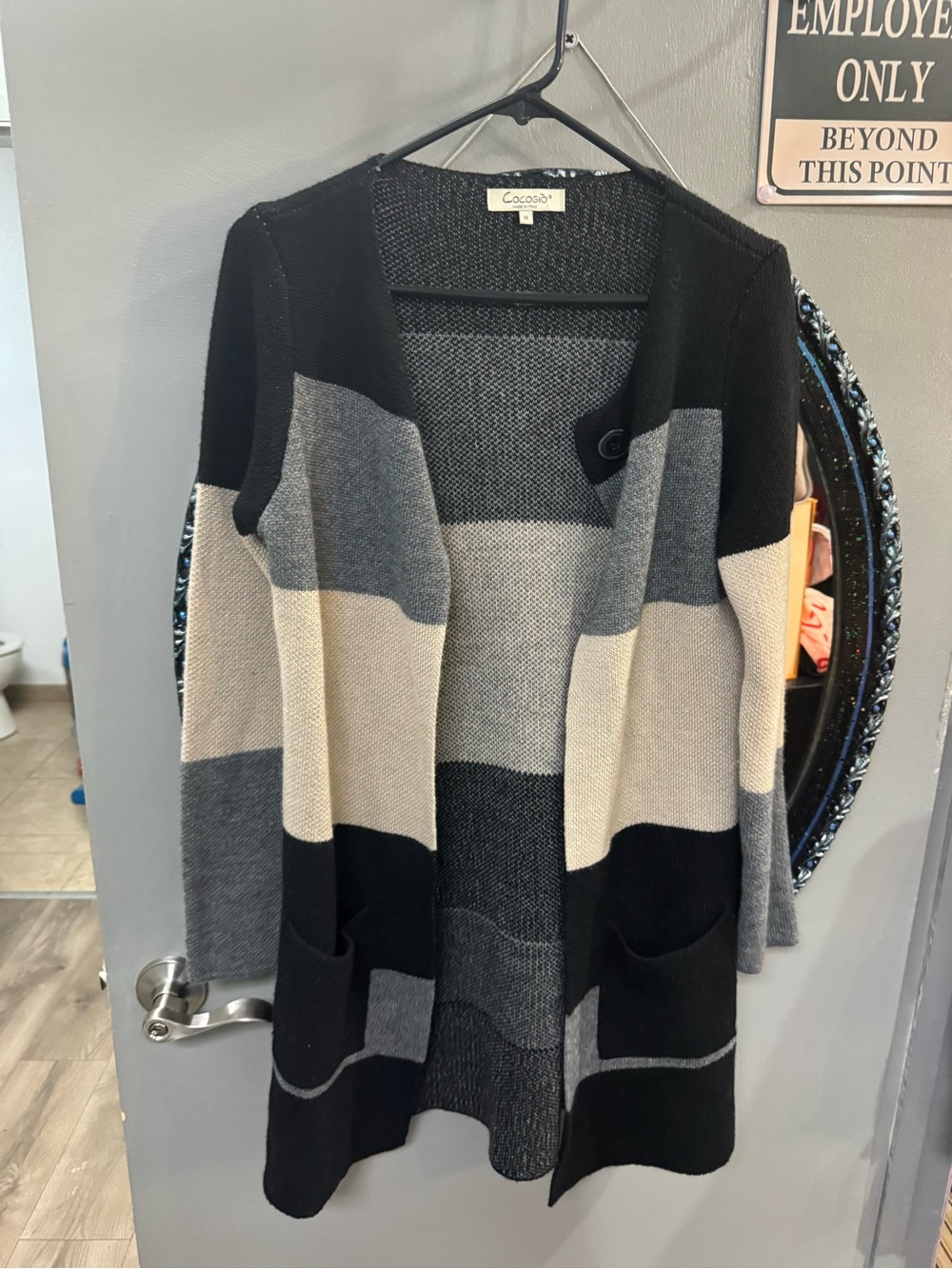 Striped Open-Front Cardigan Sweater - Black, Gray & Cream